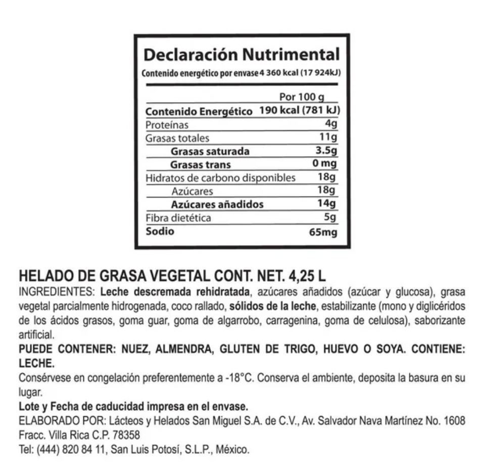 Helado SanMy Sabor Coco 4,25 l - .