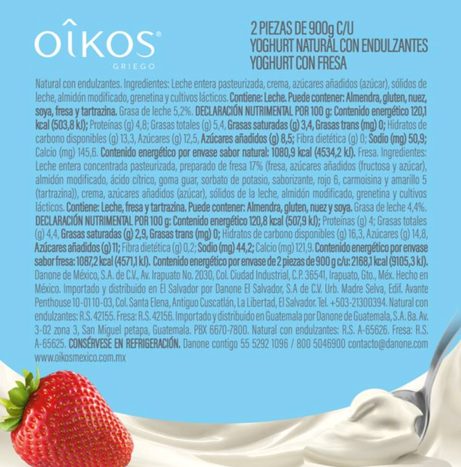Yoghurt Griego Oikos Natural con Endulzantes + Fresa 2 pzas de 900 g c/u -.