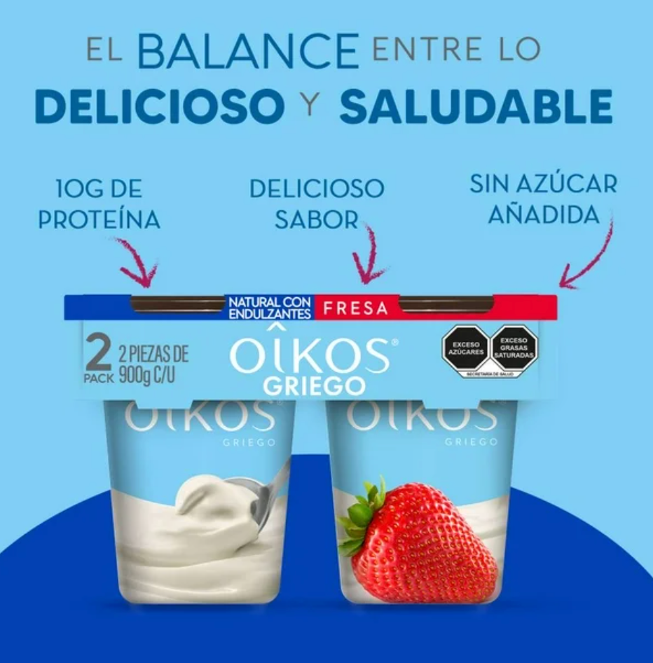 Yoghurt Griego Oikos Natural con Endulzantes + Fresa 2 pzas de 900 g c/u -.
