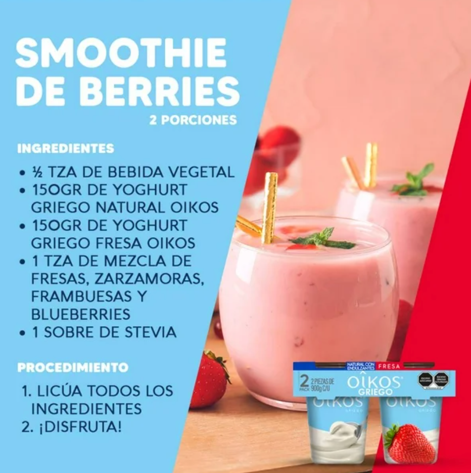 Yoghurt Griego Oikos Natural con Endulzantes + Fresa 2 pzas de 900 g c/u -.
