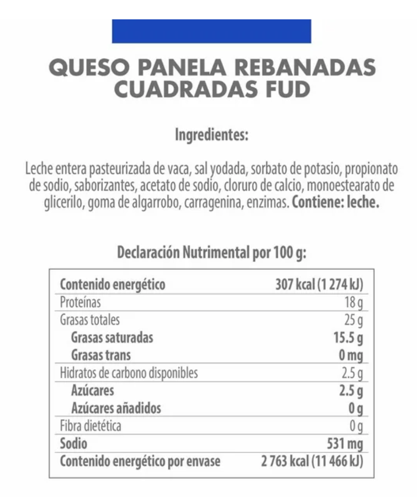 Queso Panela FUD Rebanadas Cuadradas 900 gr - .