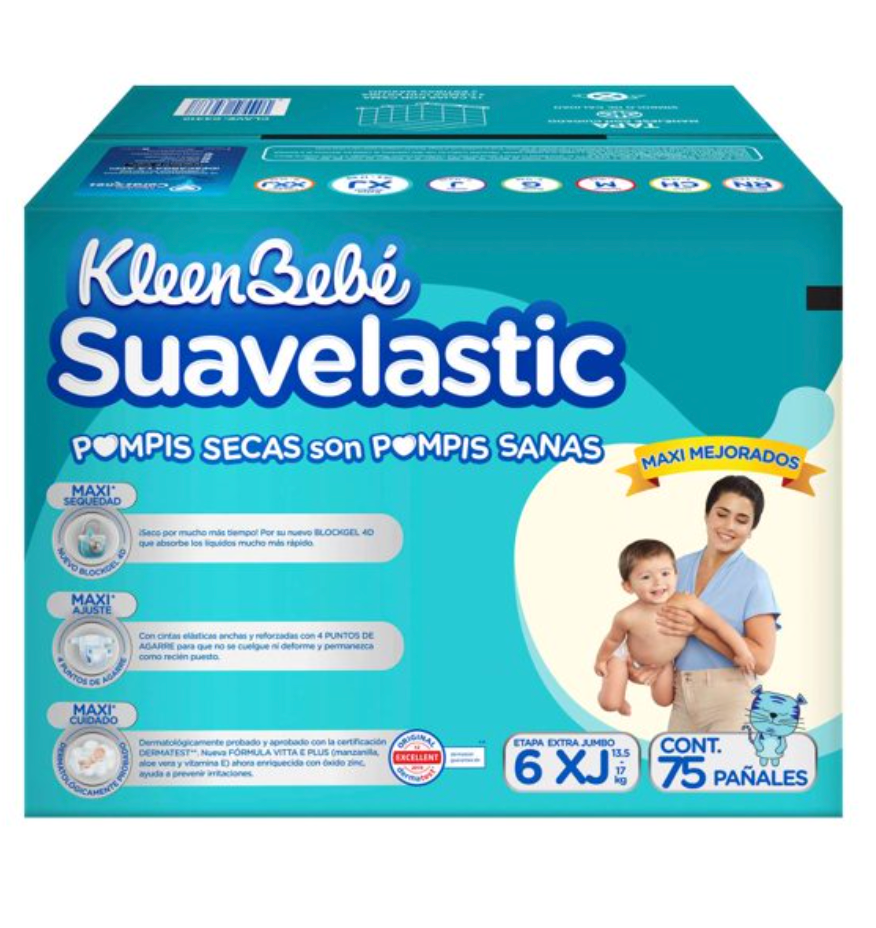 Pañales KLEENBEBE Suavelastic Extra Jumbo 75 piezas - .