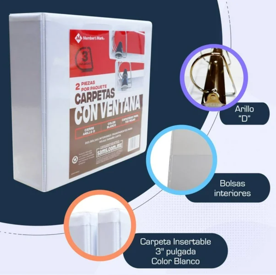 Set de Carpetas Member's Mark de 3 Pulgadas con Ventana Blanco 2 pzas - .