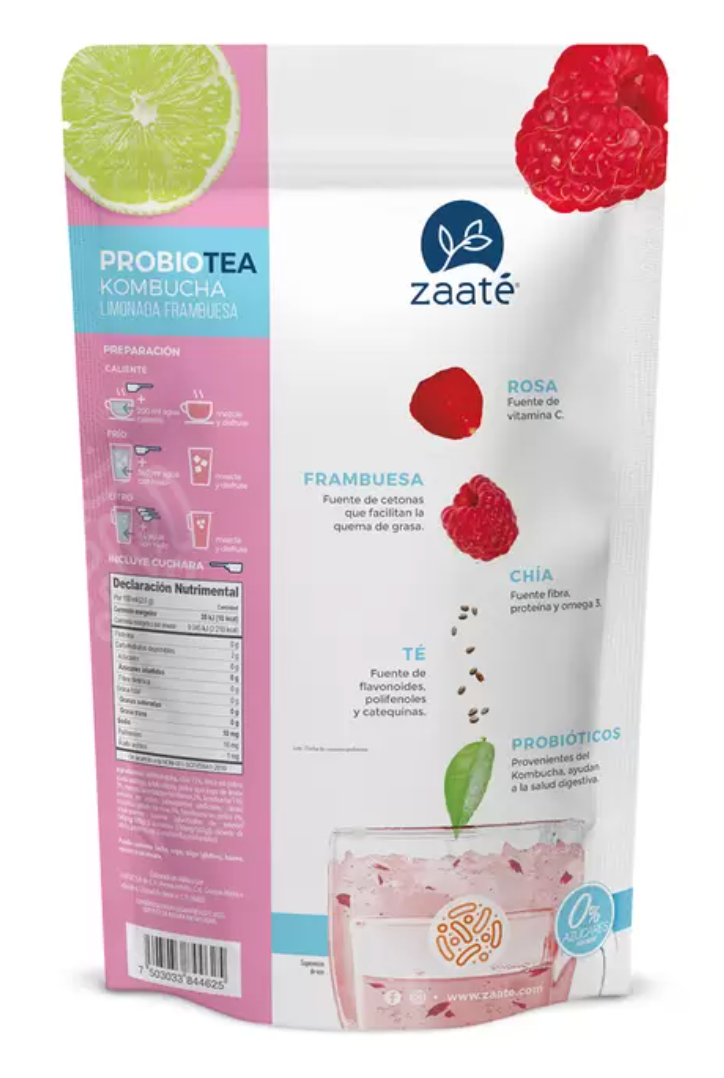 Zaaté Té Blanco Kombucha Limonada Frambuesa sin Azúcar 700 grs - .
