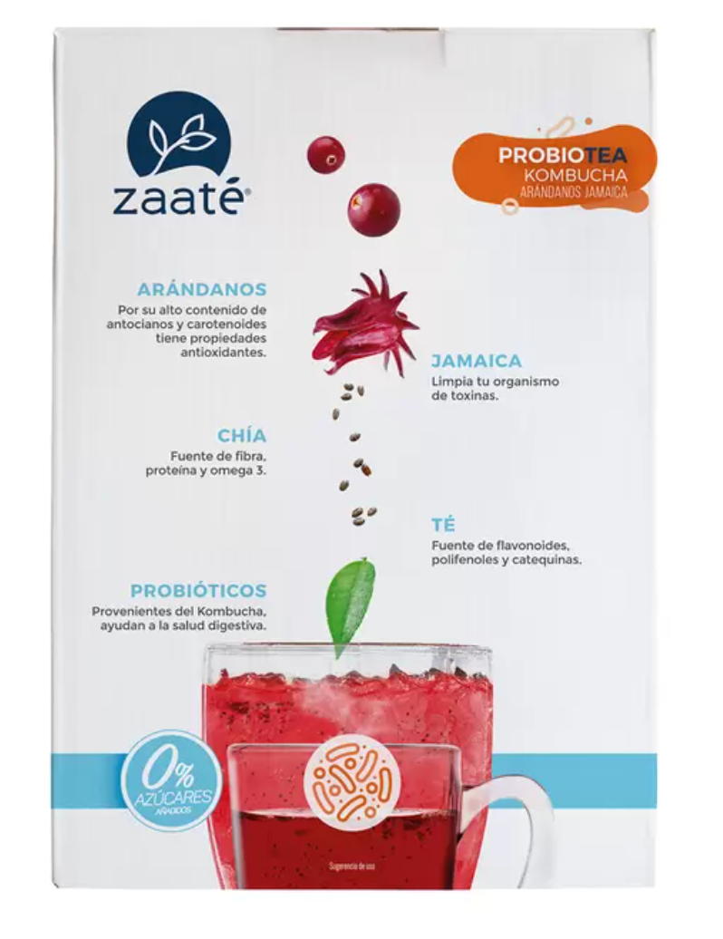 Zaaté Kombucha Té Rojo sin Azúcar Jamaica Arándano 700 grs - .