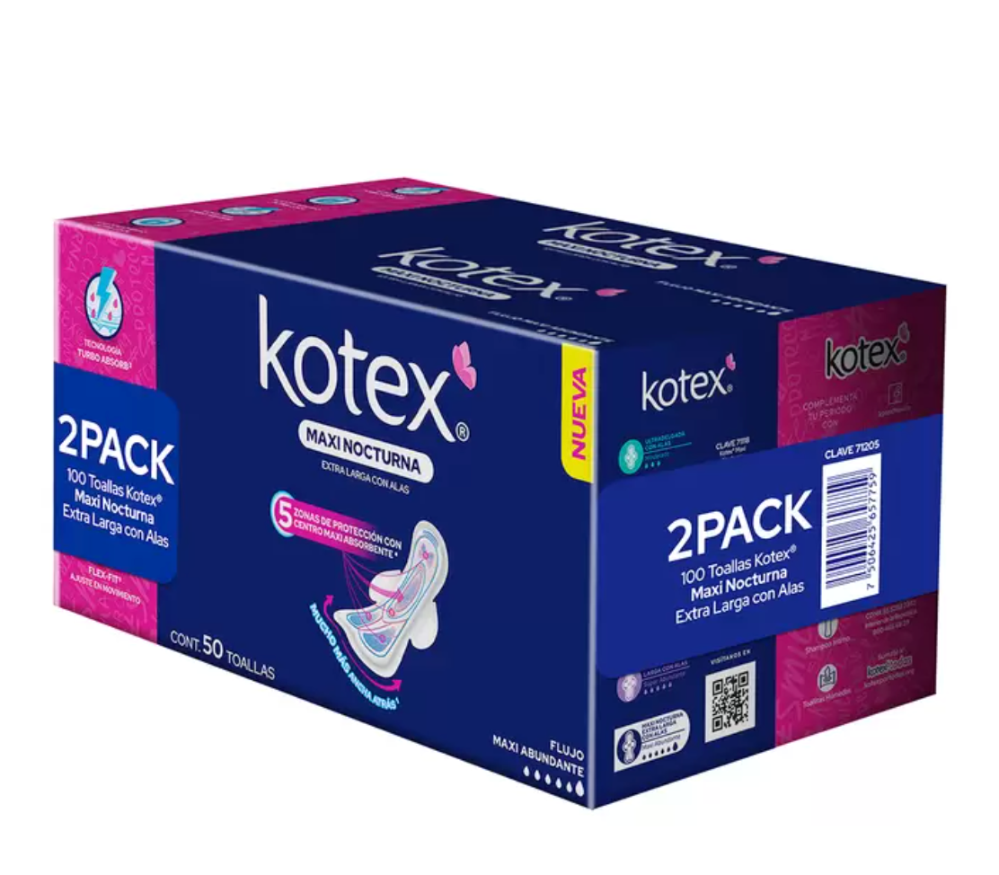 Kotex Maxi Nocturna Toallas Femeninas 100 piezas - KOZ