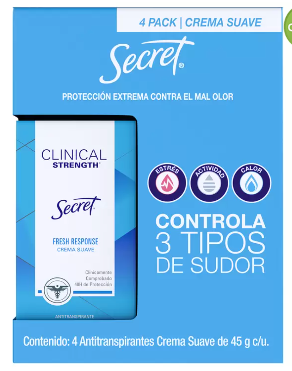Secret Antitranspirante en crema Clinical Strength 4 piezas de 45 grs - .