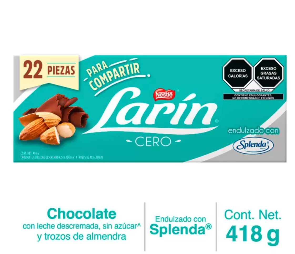 Larín Cero Chocolate sin Azucar con Almendras 22 pzas de 19 grs - KOZ