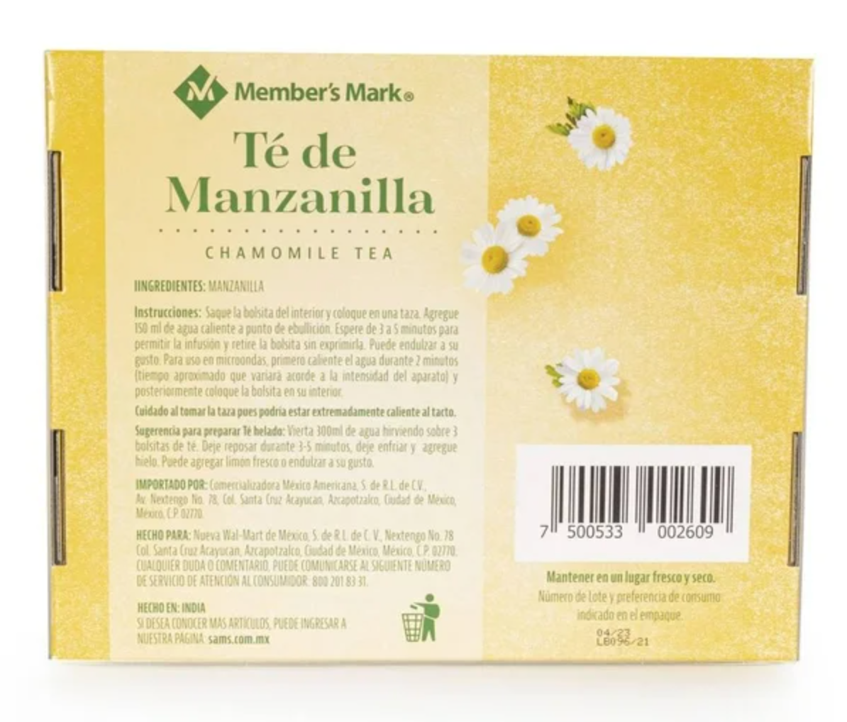 Té de Manzanilla Member's Mark 200 Bolsas de 1.2 g -.