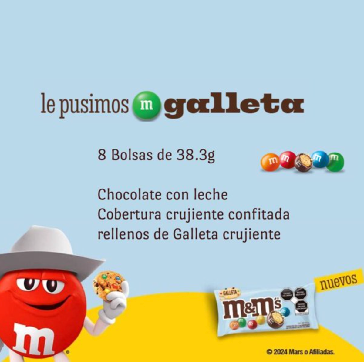 Chocolates M&M's con Relleno de Galleta 8 pzas 38.3 g c/u - .