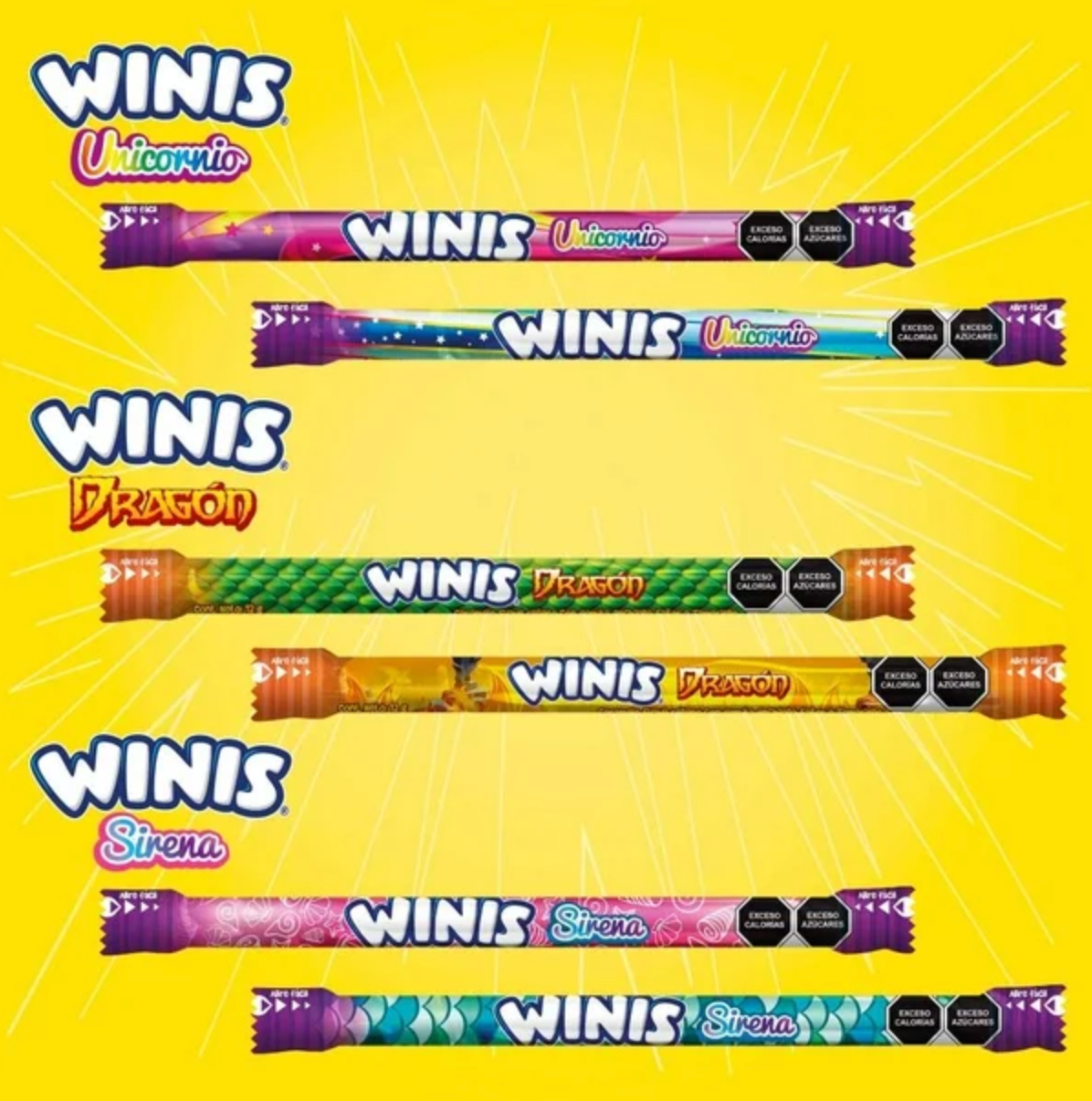 Caramelo Suave Winis Unicornio-Dragón-Sirena Maxi tubito 3 pzas de 176 g c/u - .