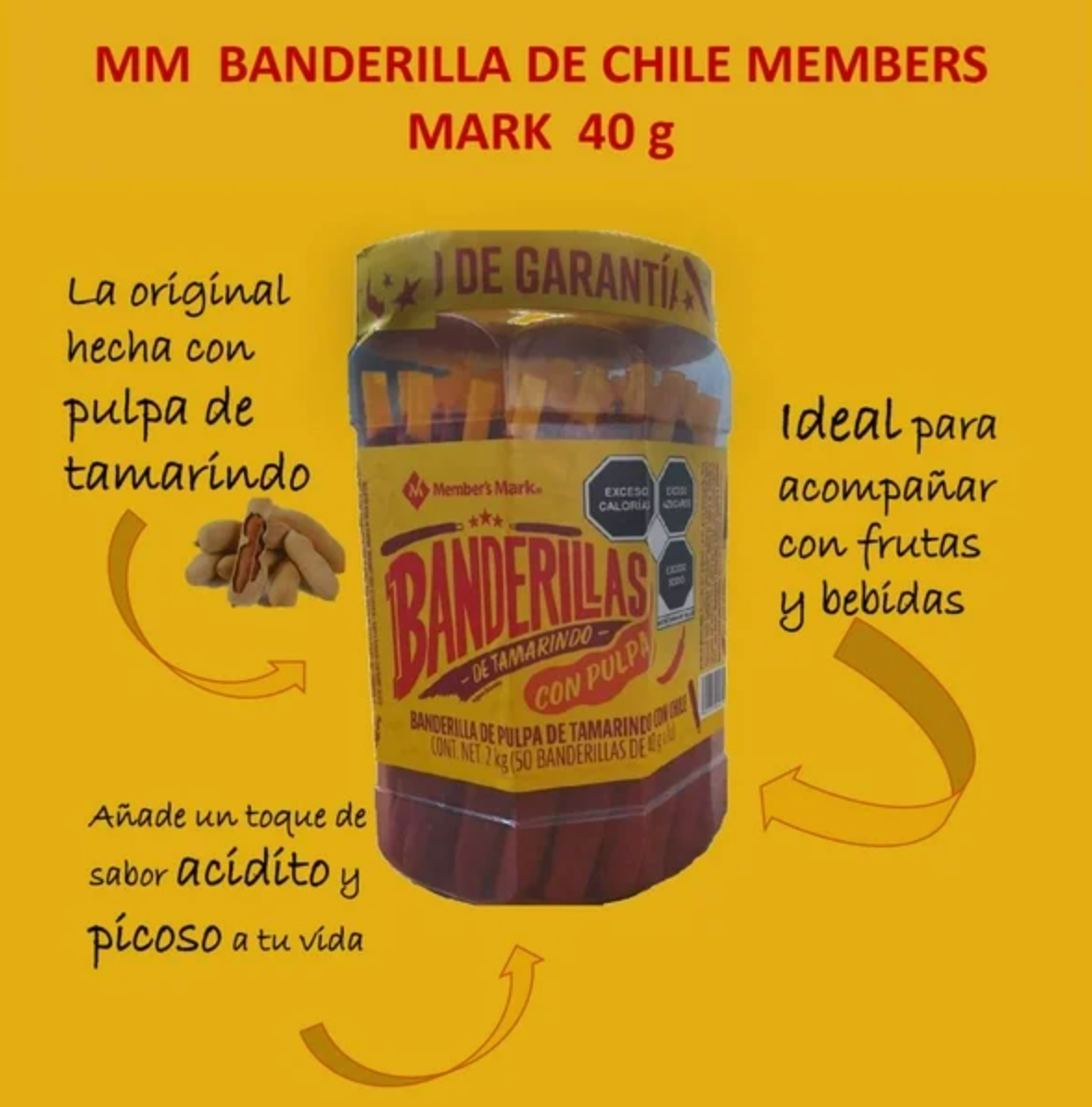 Banderillas de Pulpa de Tamarindo Member's Mark con Chile 50 pzas de 40 g c/u -.