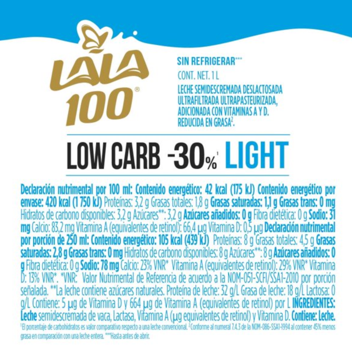 Leche Deslactosada Light Lala 100 +Low Carb 12 pzas de 1 l c/u - .