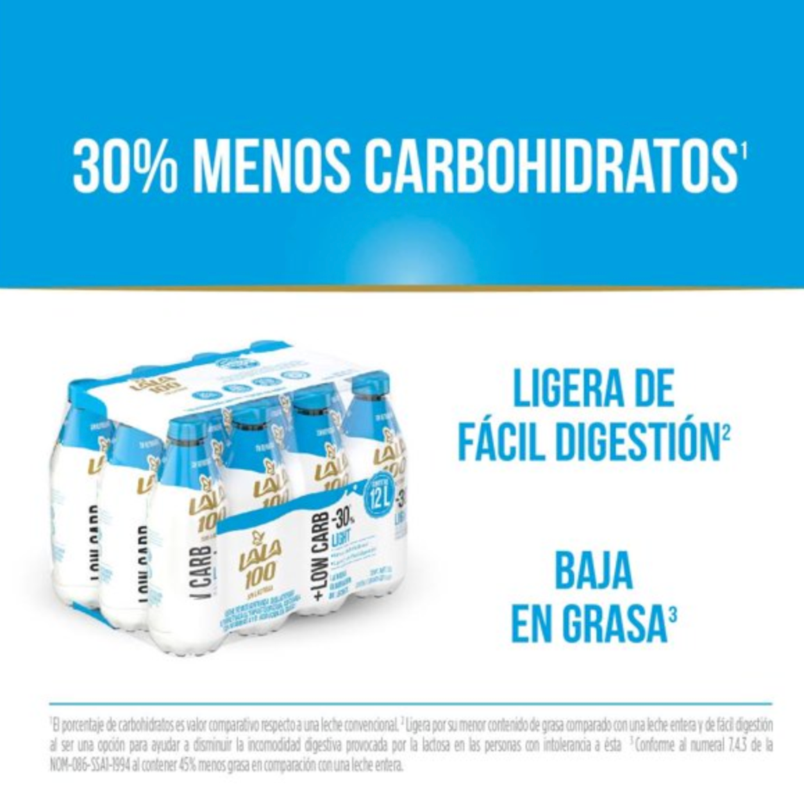 Leche Deslactosada Light Lala 100 +Low Carb 12 pzas de 1 l c/u - .