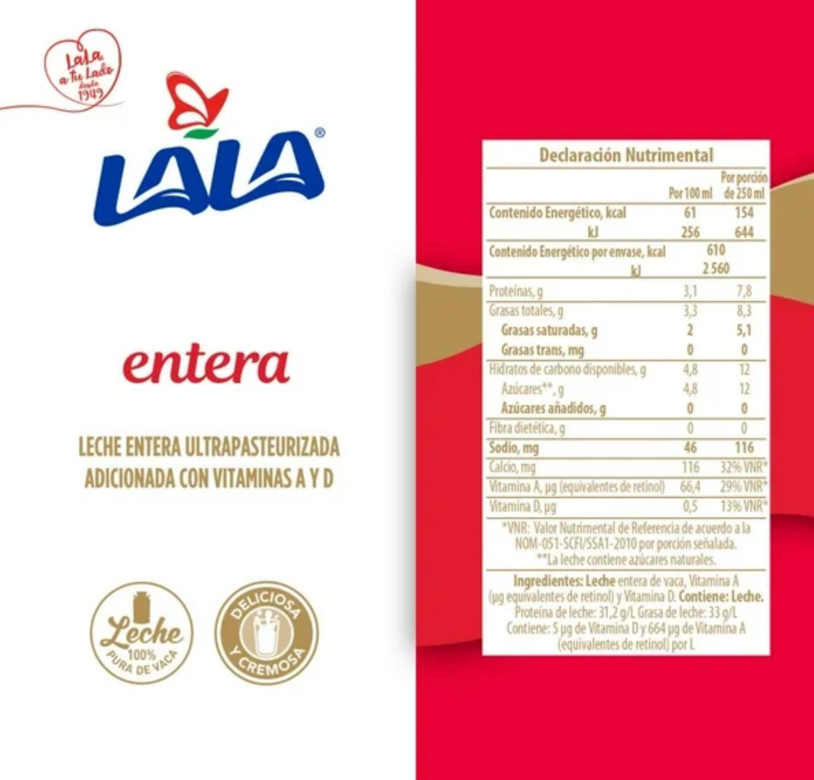 Leche Entera Lala 12 pzas de 1 l c/u - .