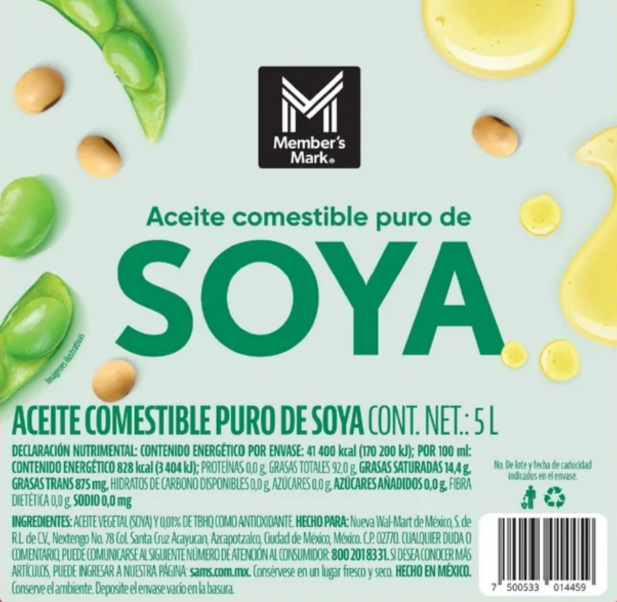 Aceite Comestible Puro de Soya Member's Mark 5 l -.