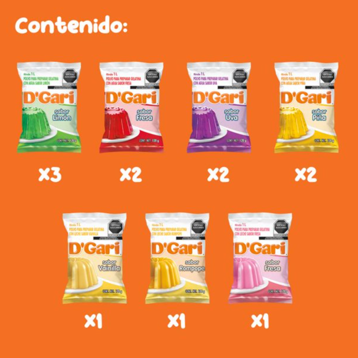 Polvo para Preparar Gelatina D'GARI Varios Sabores 12 pzas -.