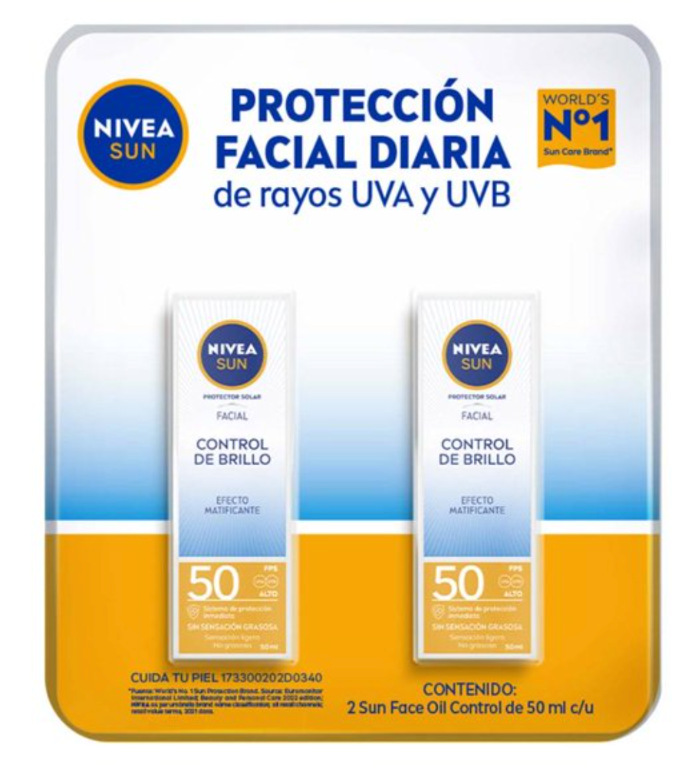 Protector Solar Facial Nivea Sun Control de Brillo Efecto Mate FPS50+ 2 pzas de 50 ml c/u - .