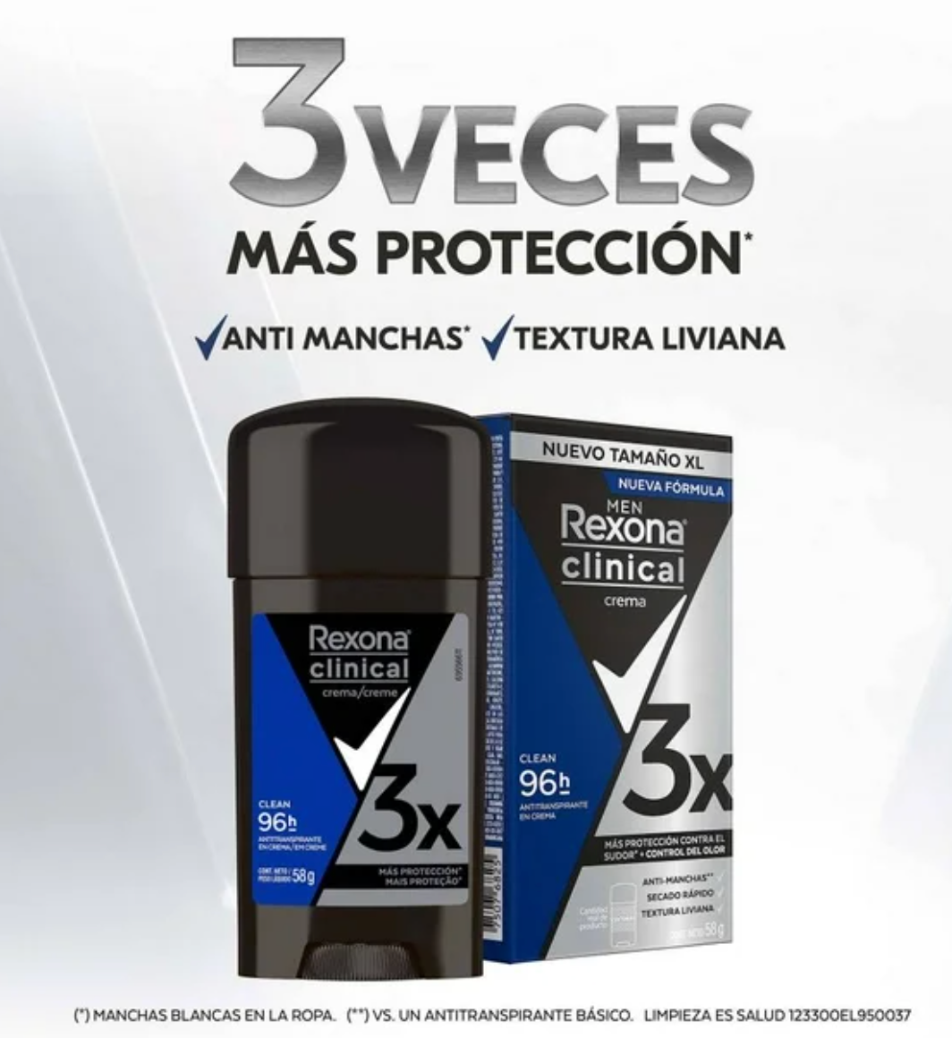Antitranspirante en Crema Rexona Clinical Classic 3 pzas de 58 g c/u - .