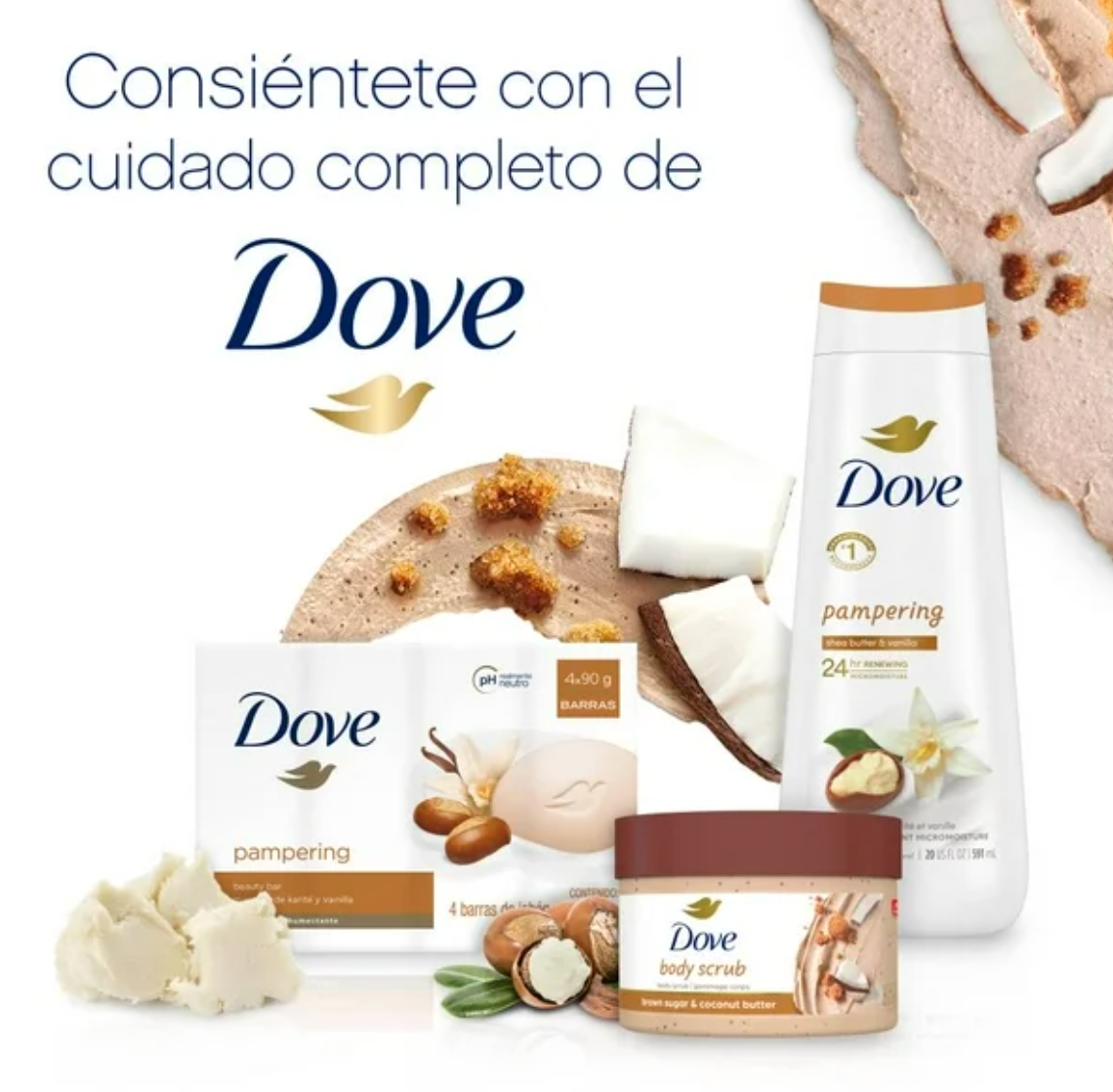 Kit Dove Jabón en Barra 4 pzas, Jabón Corporal 1 pza, Exfoliante 1 pza - .