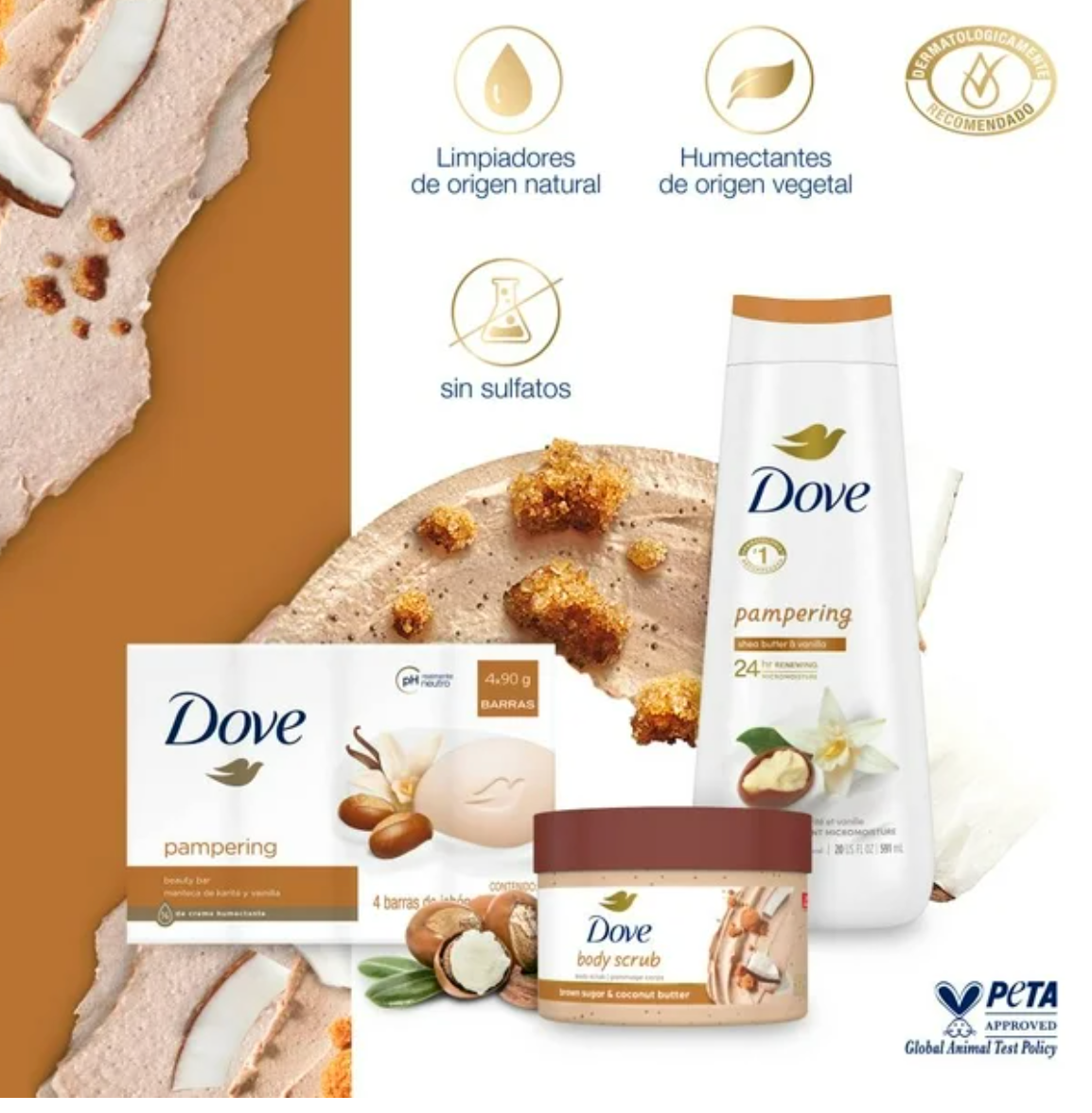 Kit Dove Jabón en Barra 4 pzas, Jabón Corporal 1 pza, Exfoliante 1 pza - .