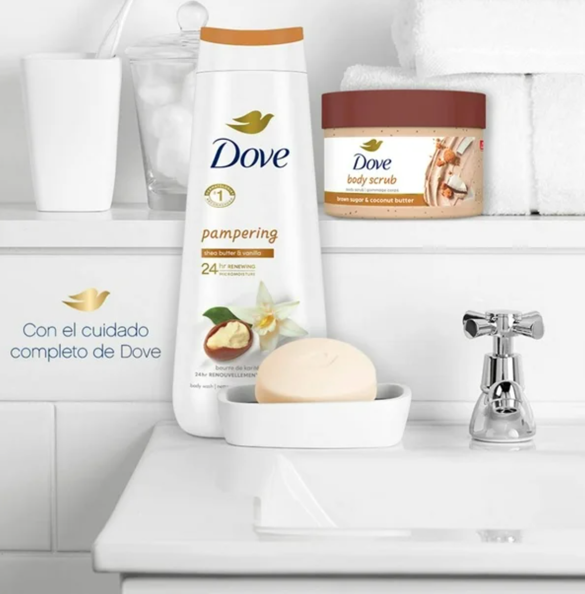 Kit Dove Jabón en Barra 4 pzas, Jabón Corporal 1 pza, Exfoliante 1 pza - .