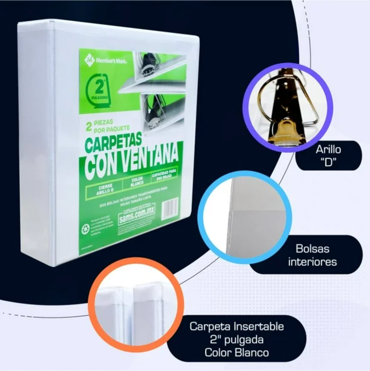 Set de Carpetas Member's Mark de 2 Pulgadas con Ventana Blanco 2 pzas - .
