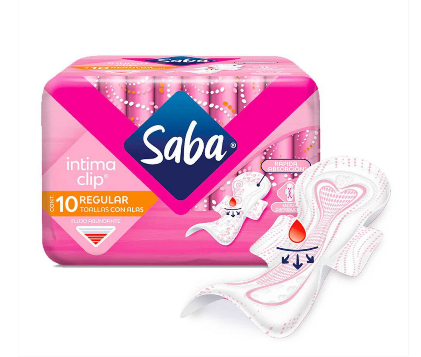 Toallas Femeninas Saba Intima Clip Regular con Alas 10 piezas 14 cajas -