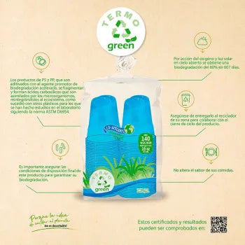 Vaso de Plástico PS Termo Green Bio Neón de 16 oz con 140 Pzas - .