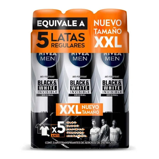 Antitranspirante Nivea Men Black and White Invisible Power 3 pzas de 250 ml c/u