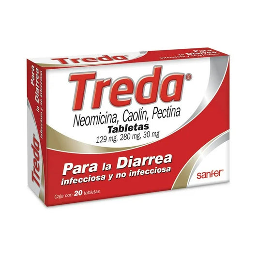 Tabletas Treda Neomicina 129 mg, Caolín 280 mg, Pectina 30 mg 2 Cajas de 20 pzas c/u