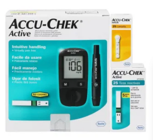 Medidor de Glucosa Accu-Chek Active con 25 Tiras Reactivas y 25 Lancetas - .