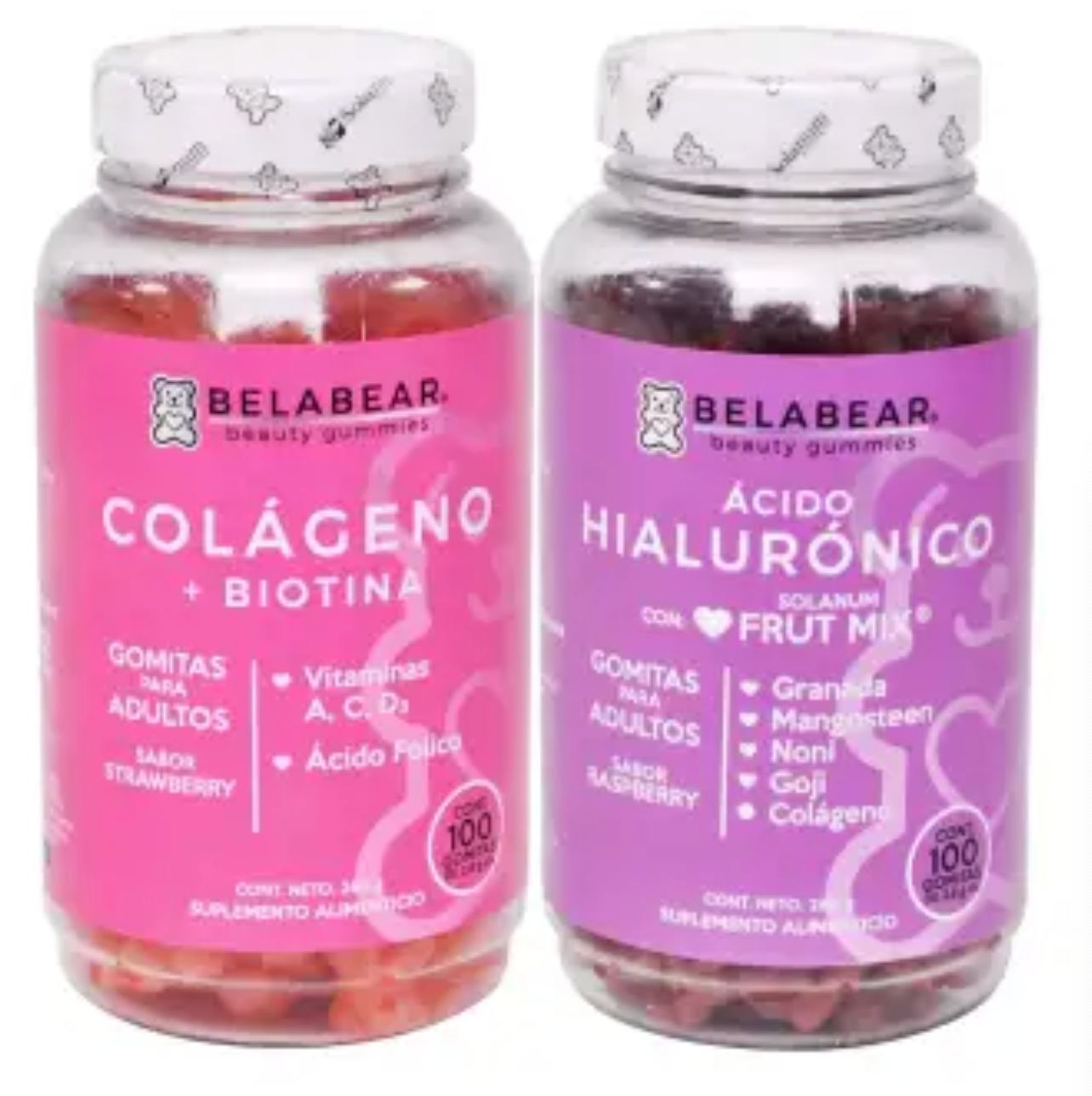 Ácido Hialurónico y Colágeno + Biotina Belabear Sabor Fresa y Frambuesa 2P/100 C/U - .