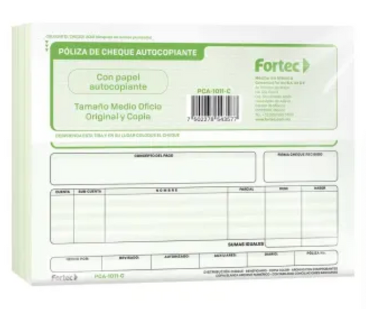 Póliza de Cheque Fortec Autocopiante con 4 Blocks - .