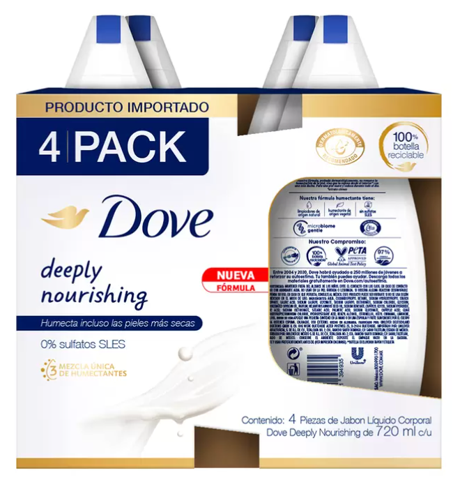Dove Jabón Corporal Líquido 4 pzas de 720 ml - .