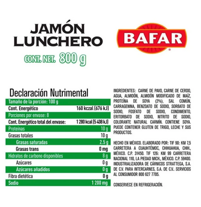 Jamón Lunchero Bafar 800 gr - .