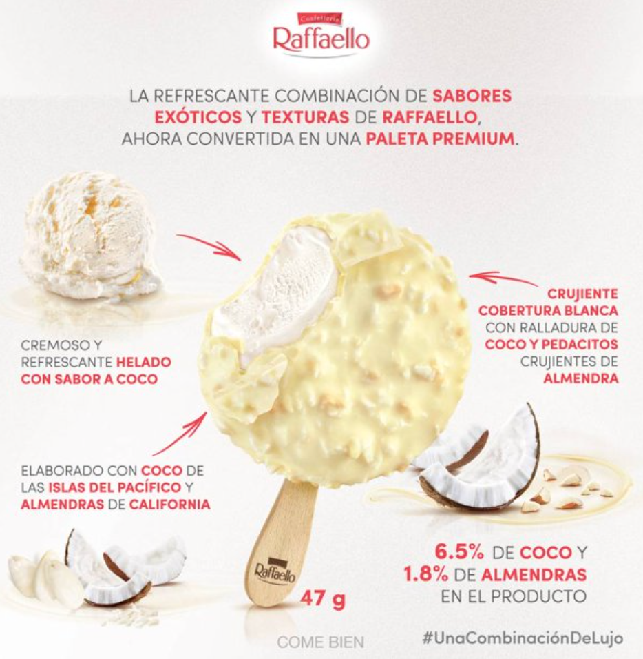 Paleta de Helado Raffaello 8 pzas de 47 g - .