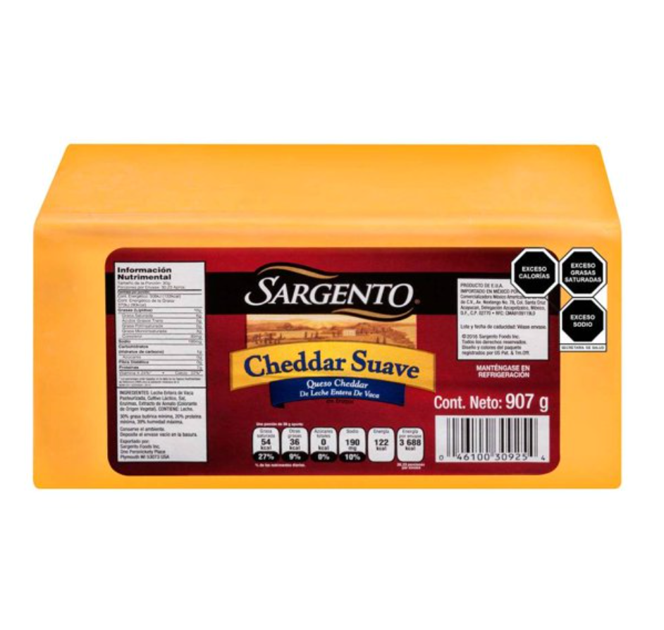Queso Cheddar Sargento Suave 907 g - .