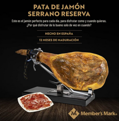 Pata de Jamón Serrano Member's Mark 12 Meses de Maduración 7-8 kg + Tabla y Cuchillo. - .