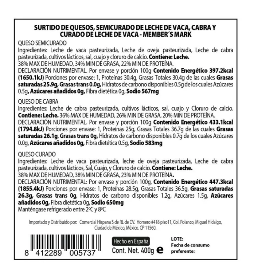 Quesos Españoles Member's Mark de Cabra, Semicurado y Curado 400 g - .