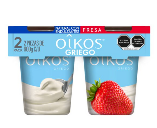 Yoghurt Griego Oikos Natural con Endulzantes + Fresa 2 pzas de 900 g c/u -.