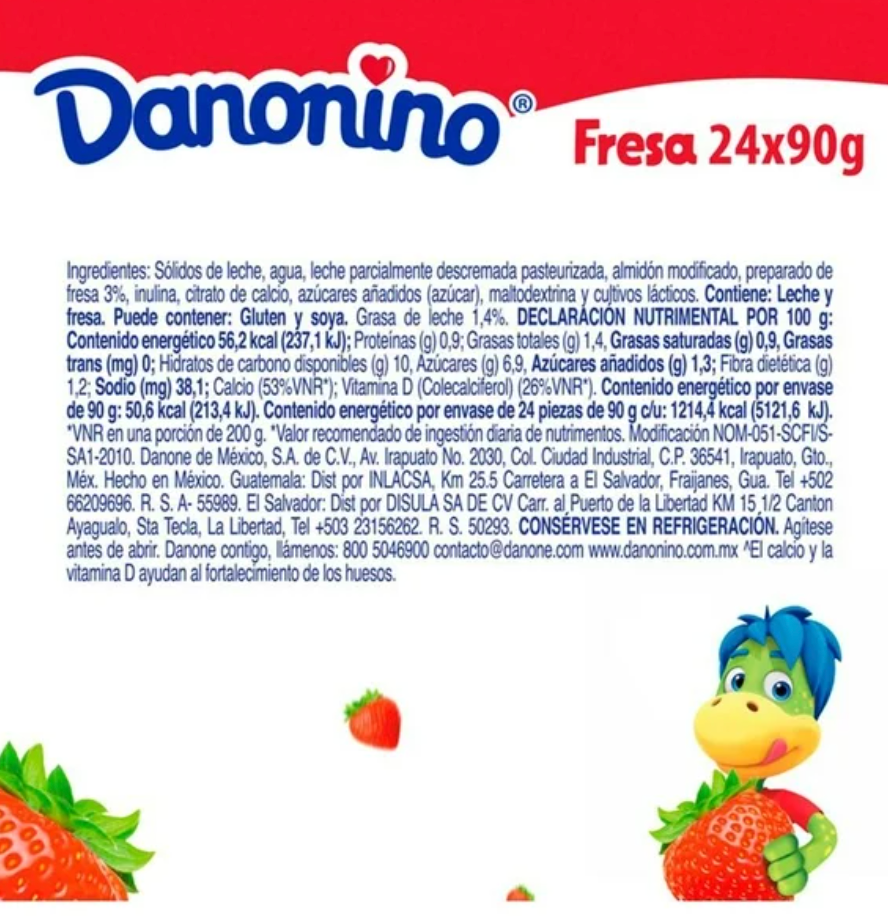 Alimento Lácteo Bebible Danonino Sabor Fresa 24 pzas de 90 g - .