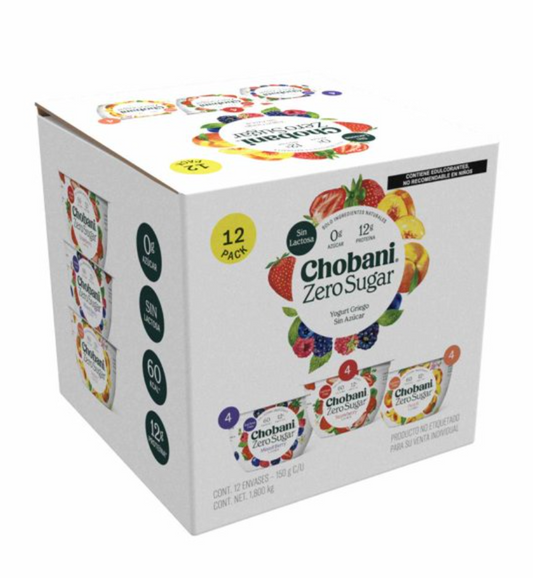 Yogurt Griego Chobani Zero Azúcar Varios Sabores 12 pzas de 150 g c/u - .
