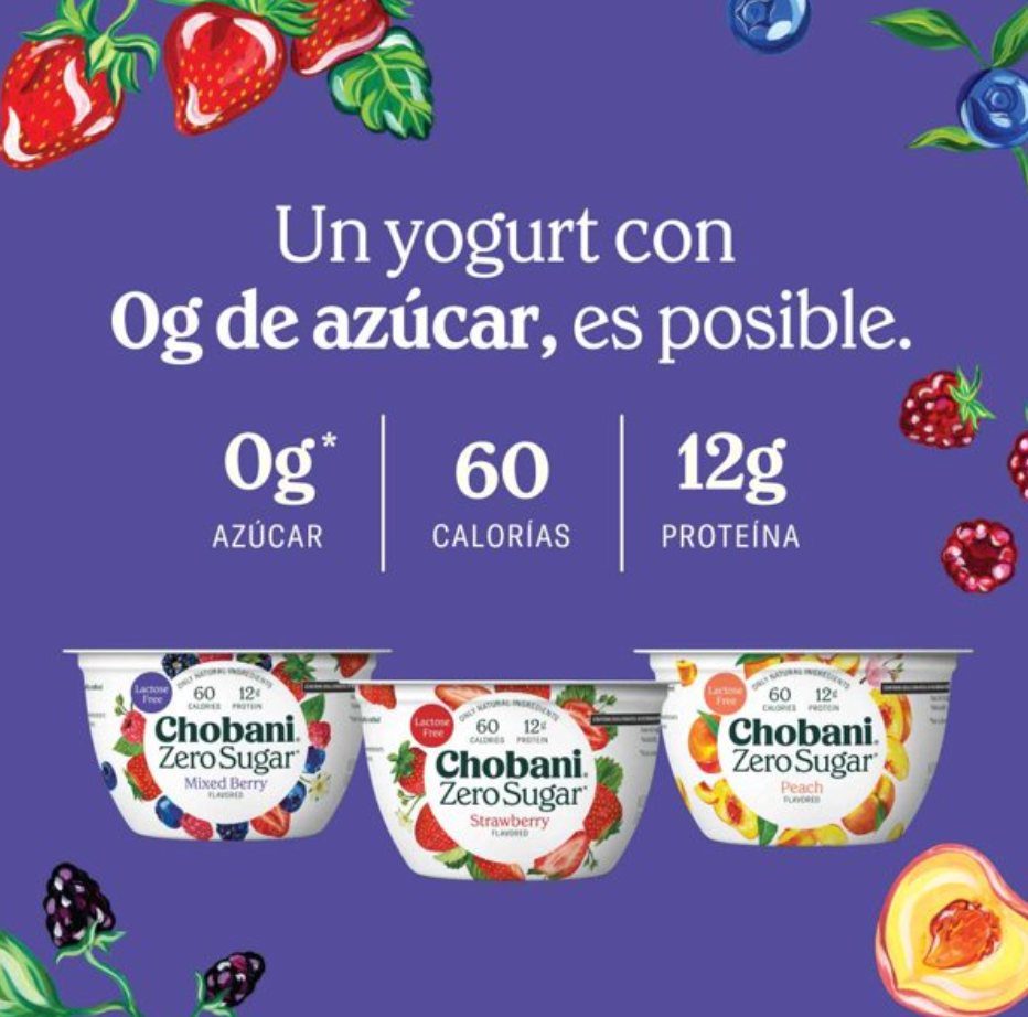 Yogurt Griego Chobani Zero Azúcar Varios Sabores 12 pzas de 150 g c/u - .