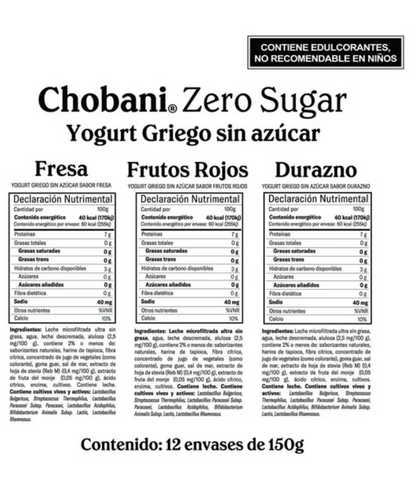 Yogurt Griego Chobani Zero Azúcar Varios Sabores 12 pzas de 150 g c/u - .