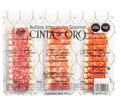 Rollitos Artesanales Gourmet Cinta de Oro Chorizo, Jamón Serrano y Salami + Queso 495 g - .
