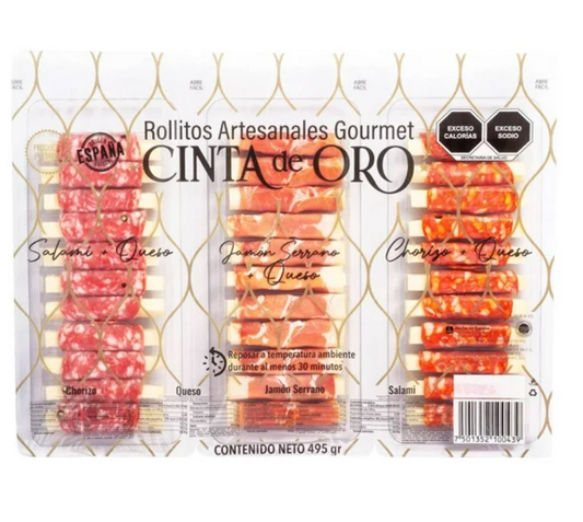 Rollitos Artesanales Gourmet Cinta de Oro Chorizo, Jamón Serrano y Salami + Queso 495 g - .