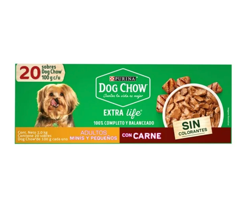 Alimento Húmedo para Perro Dog Chow PURINA Adultos Minis y Pequeños con Carne 20 pzas 100 g c/u - .