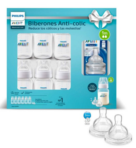Set de Biberones Philips Avent 6 pzas de 260 ml + 2 Teninas - .