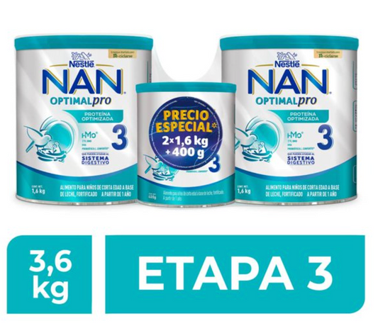 Alimento para Niños NAN NESTLÉ 3 con 2 Latas de 1.6 kg + 1 de 400 g - .
